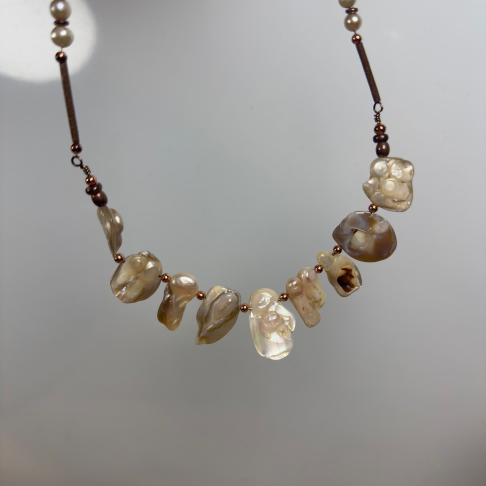 Artisan Keshi Pearl Statement Necklace Iridescent Copper Tone Toggle Clasp 18in - Picture 4 of 11